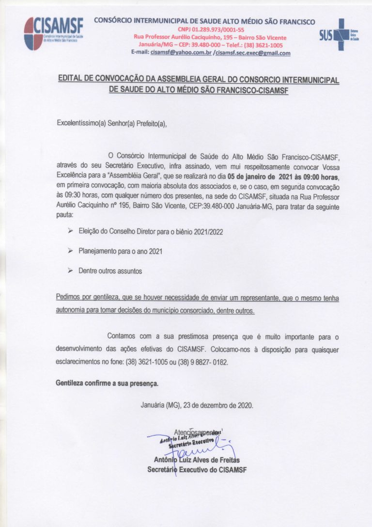 Leia mais sobre o artigo EDITAL DE CONVOCAÇÃO DE ASSEMBLÉIA GERAL DO CONSÓRCIO INTERMUNICIPAL DE SAÚDE ALTO MÉDIO SÃO FRANCISCO